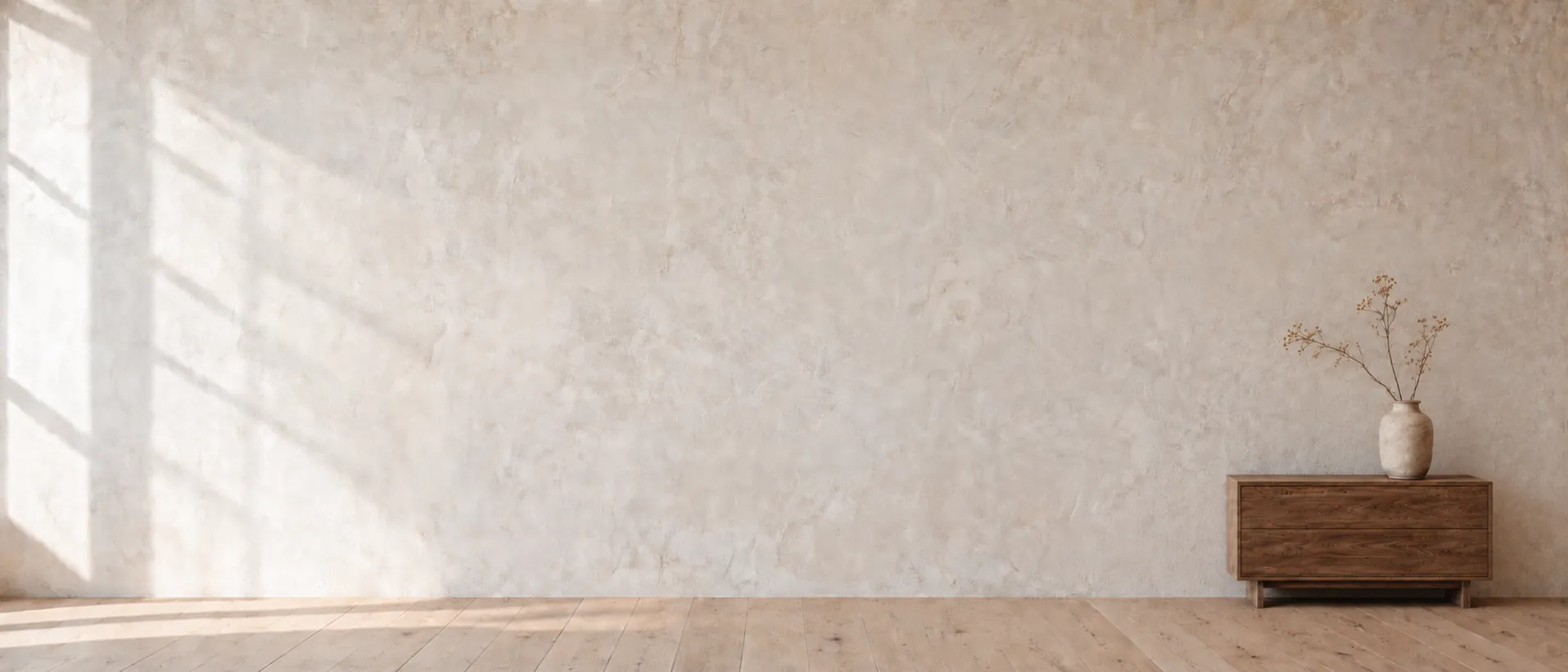 A chalk-white limewashed wall with a compact walnut sideboard and a stoneware vase of dried branches