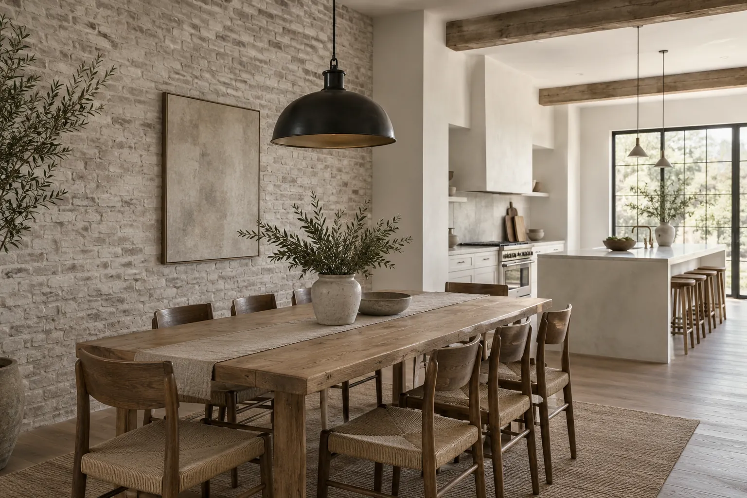 Interior brick dining wall limewashed in pale stone gray