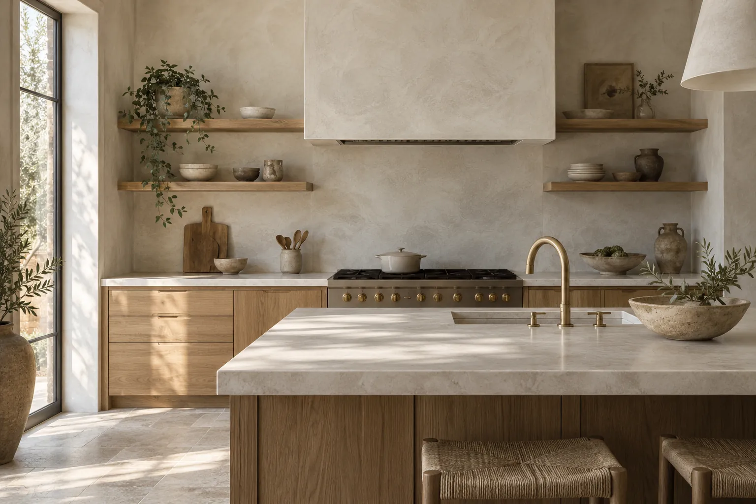 Kitchen with a creamy limewash range hood and wall behind oak shelves