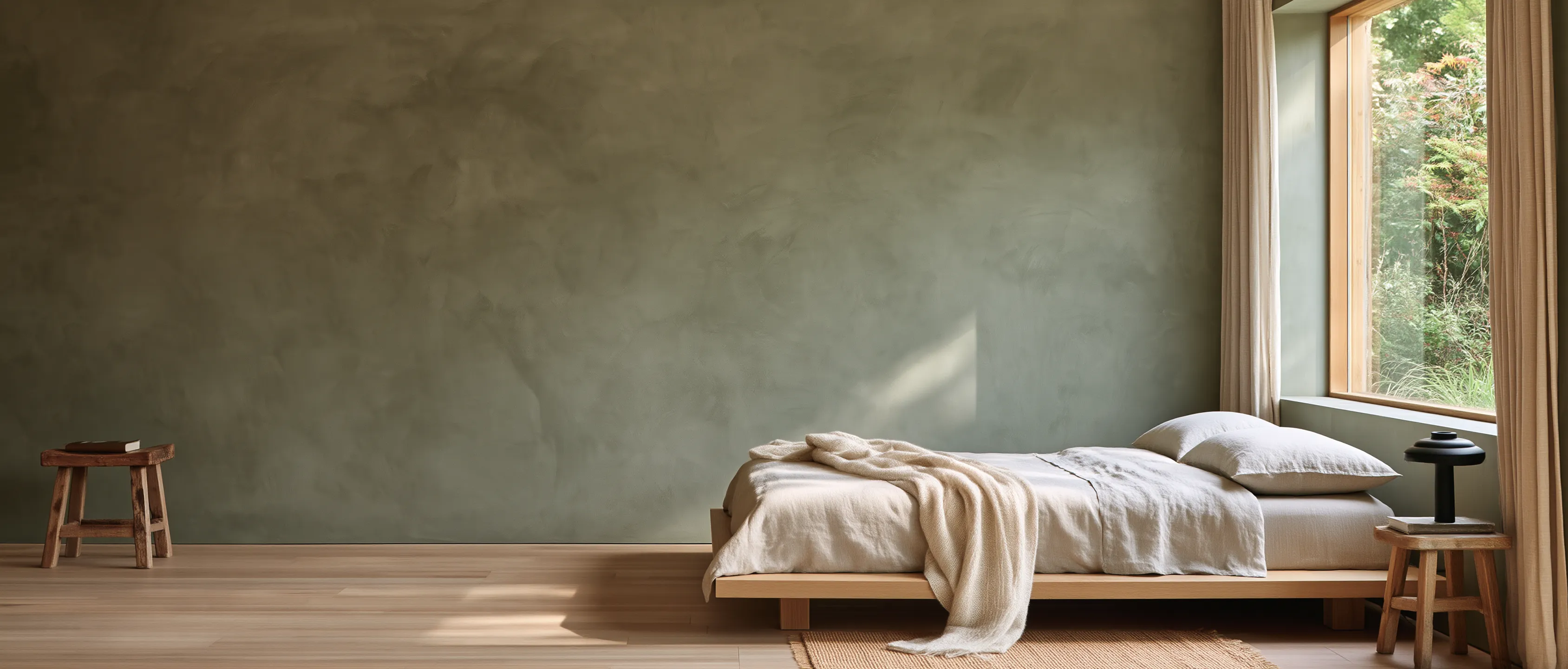An olive-gray limewashed bedroom with a linen bed, a nightstand and lamp, and curtains at a garden window