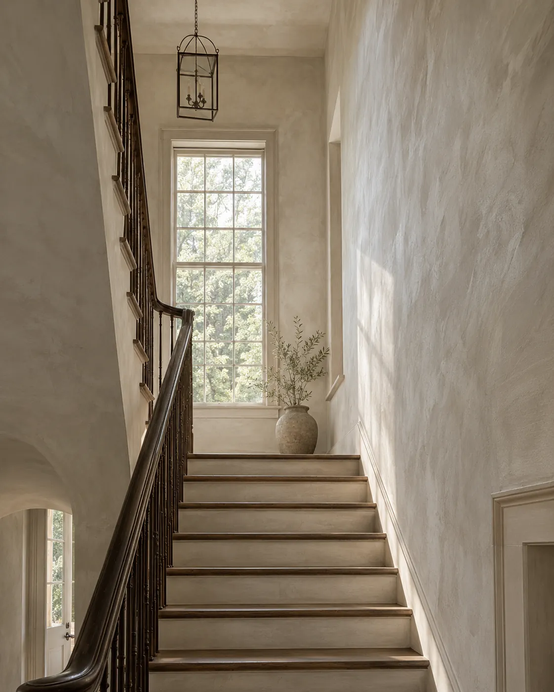 Tall stair hall finished in oatmeal limewash with a dark wooden handrail